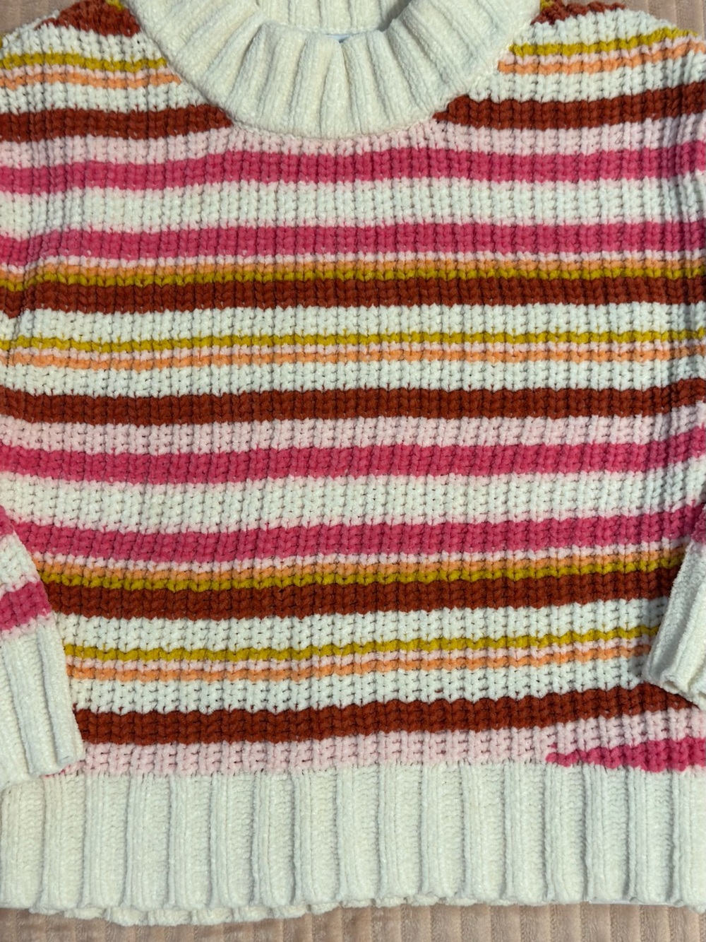 Old Navy Cream Crewneck Sweater with Pink, Brown & Yellow Stripes